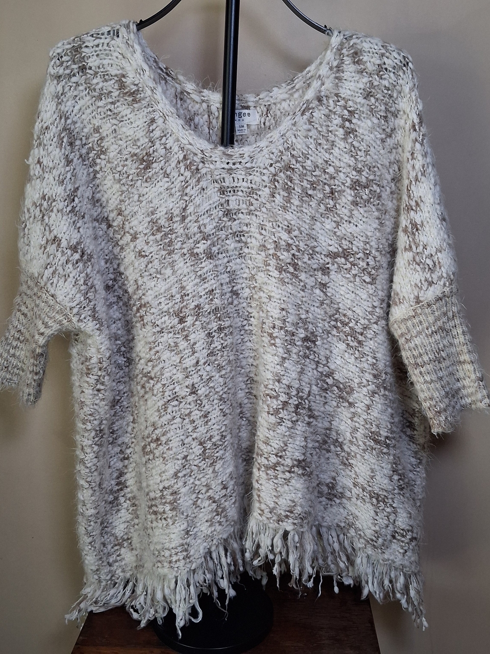Umgee Chunky Knit Dolman Sleeve Ivory & Brown Fringe Sweater; Size S/M